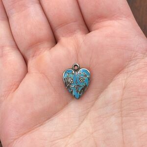 Vintage 925 Sterling Silver Enamel Repousse Flowers Puffy Heart Pendant Charm